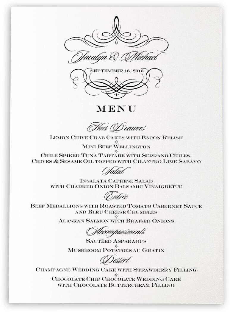 Flourish Monogram 04 Wedding Menu Cards and Custom Reception Menus - Documents and Designs Wedding Menu Cards | The menu card is custom designed for a wedding reception dinner with wedding menu wording. Wedding menus match place cards & table cards.